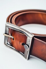 A close-up shot reveals a brown leather belt coiled loosely, showcasing a minimalist, rectangular silver buckle.  The belt's texture and the buckle's subtle details 