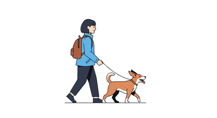 Person with a backpack cheerfully walking a dog on a leash on a bright day, depicted in a stylized cartoon format