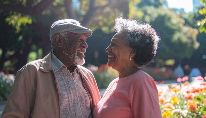 A loving elderly African American couple shares a joyful, romantic moment while smiling at each other in a beautiful, sunlit city park with colorful flowers