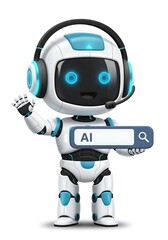 Fototapeta premium Cute futuristic AI robot waving and holding 3D search bar with magnifying glass, smiling assistant with glowing blue accents in glossy white design, isolated background