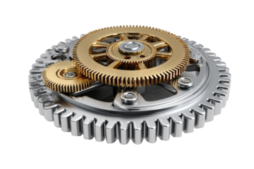 A detailed 3D render of a complex gear mechanism