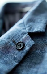 Close-up of a blue, textured fabric jacket's lapel and button, showcasing subtle weave details