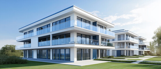 Isometric 3D architecture render showing a modern two-story apartment block