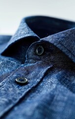 Close-up of a blue, patterned dress shirt's collar and top placket, showcasing the fabric's texture and button details.  The image has a shallow depth of field