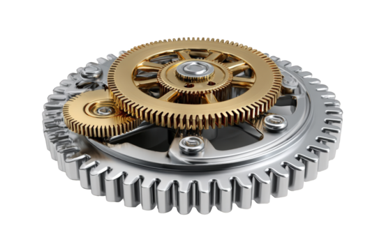 A detailed 3D render of a complex gear mechanism