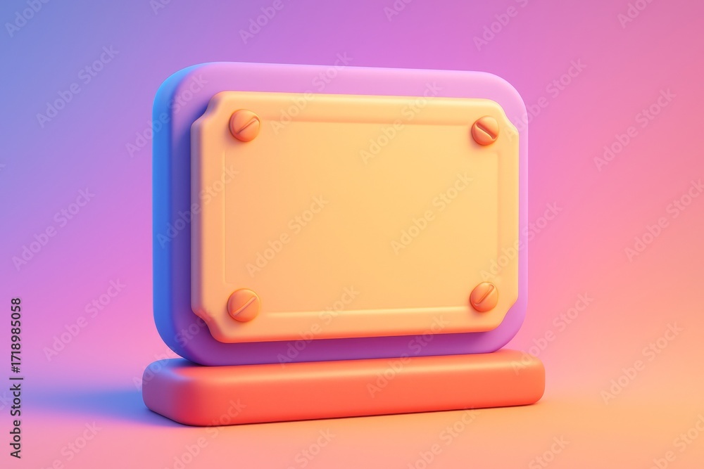 Poster colorful abstract mockup display with blank yellow plate on soft pedestal over vibrant pink gradient