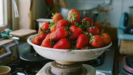 A vintage scale holds a bowl overflowing with ripe, red strawberries in a kitchen setting.  The background is slightly blurred, showing more kitchen appliances and countertops