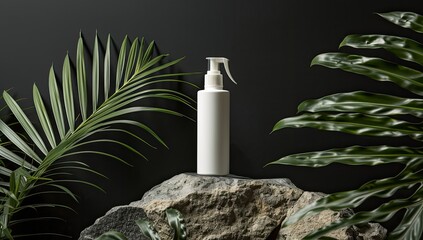 A white cylindrical bottle with a spray top sits on a gray rock, flanked by lush green tropical foliage against a dark background.  The scene is minimalist and evokes a natural, clean aesthetic