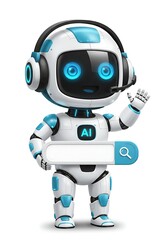 Cute futuristic AI robot waving and holding 3D search bar with magnifying glass, smiling assistant with glowing blue accents in glossy white design, isolated background
