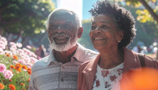 Happy senior African American couple enjoying a leisurely walk together in a beautiful sunlit city park surrounded by flowers
