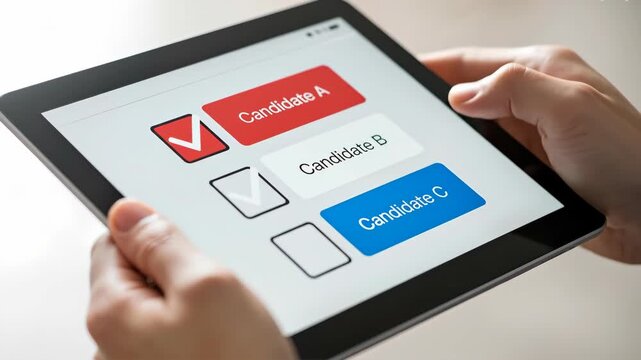 Person voting online on a tablet for an election. Close-up of a finger selecting a candidate on a digital ballot. Electronic voting and modern democracy concept.