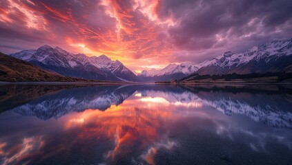 A serene mountain lake reflects a vibrant sunrise, showcasing snow-capped peaks and fiery clouds in a breathtaking mirrored landscape
