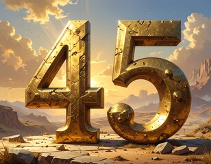 Golden numbers 45 on desert landscape