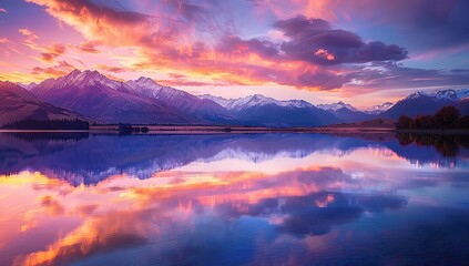A serene mountain lake reflects a vibrant sunset, with colorful clouds mirroring in the still water, creating a picturesque landscape