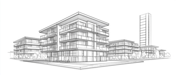Fototapeta premium Isometric monochrome line drawing of a modern apartment structure