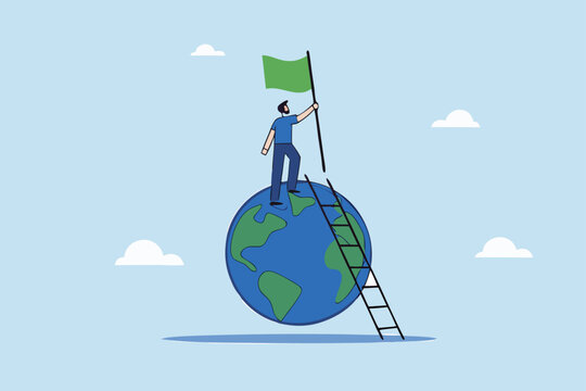 Winning world, successful businessman climbing a ladder and holding a globe winning flag - Powered by Adobe