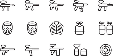 Paintball game icon collection for extreme sports, team play, and recreational design