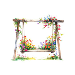 garden swing wrapped with a wooden and a floral decoration on  background