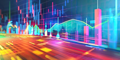 Abstract visualization of financial data, depicted with vibrant, dynamic graphs and charts overlaid on a stylized, technology-inspired landscape.  The image evokes a sense of rapid change and progress