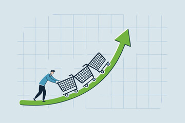 Increase sales, executive sales leader promote function of shopping cart trolley upward trending arrow.