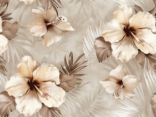 A seamless pattern featuring beige hibiscus blossoms and tropical leaves on a light beige background.  The design is realistic in style, with subtle shading and texture creating depth