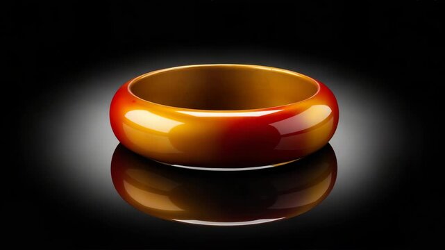 A luxury red and gold gradient bangle bracelet. Elegant fashion jewelry with a reflection on a black background. Studio product shot with copy space.