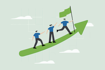 Obraz premium Teamwork cooperate together to achieve target, business manager holding hands with employee walking arrow diagram.