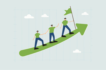 Obraz premium Teamwork cooperate together to achieve target, business manager holding hands with employee walking arrow diagram.