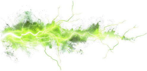 Abstract image of a bright green energy bolt, resembling lightning, with a watercolor-like texture and splatter effect on a white background