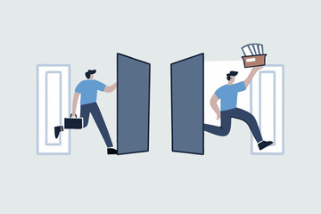 job rotation in people management, entrepreneur arrives at workplace as colleagues depart for new positions.