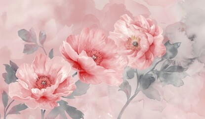 A soft, watercolor-style floral illustration features three prominent light pink peonies, with subtle grey-green foliage against a hazy pink background