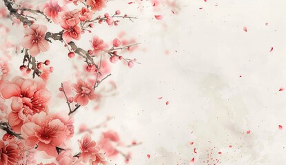 Delicate pink blossoms and falling petals on a branch against a soft, light background; a dreamy, painterly style