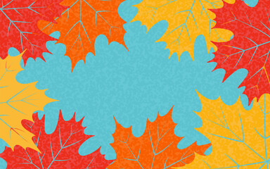 Autumn background with bright leaves. Yellow and red fall leaf on blue backdrop