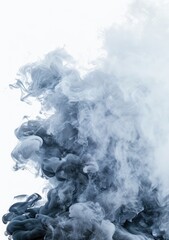 An abstract image showcasing a dynamic swirl of grayscale ink in water, creating a smoky, ethereal effect against a stark white background.  The shades range from dark charcoal
