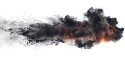 A horizontal image shows a dark plume of smoke and fire against a white background. The smoke is dark gray and black, with hints of orange and red fire visible within it. 