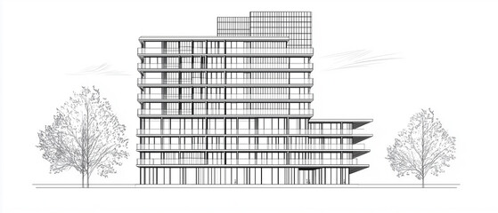 Minimalist black and white line art of a modern skyscraper with multiple levels and balconies