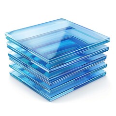 A digitally rendered stack of translucent light-blue glass squares, neatly arranged on a white background, showcasing their smooth surfaces and subtle color variations