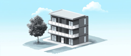 Minimalist Oasis: A minimalist digital isometric illustration