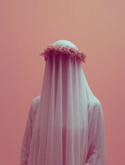A mysterious figure draped in a white veil adorned with a floral crown against a soft pink background.