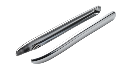 Sleek, silver-toned nutcracker tongs with a curved design, serrated edge on one side for cracking nuts