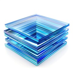 A digitally rendered image of a stack of square, translucent blue glass panes, creating a visually striking, layered effect against a white background.  The perspective emphasizes