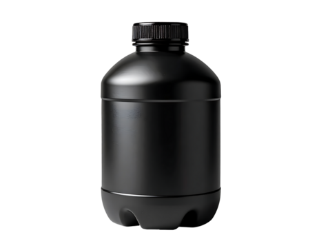 Matte black plastic bottle, slightly curved sides, ribbed base, black screw-on cap, unlabeled