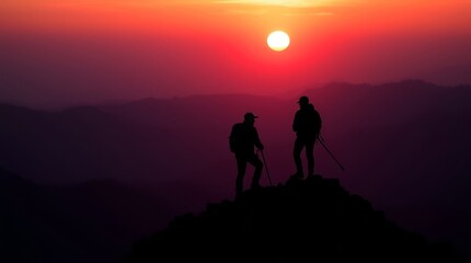 Sunset Summit Silhouette: Two figures stand silhouetted atop a mountain peak, gazing at a vibrant sunset in a breathtaking panorama. capturing the beauty of nature and the spirit of adventure.
