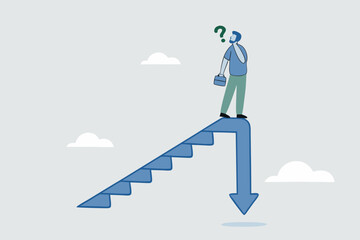 Stock market decline in crisis, exasperated entrepreneur investor ascends steps with downward arrow above.