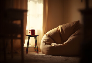 Cozy Corner: Beanbag Chair and Coffee by the Window