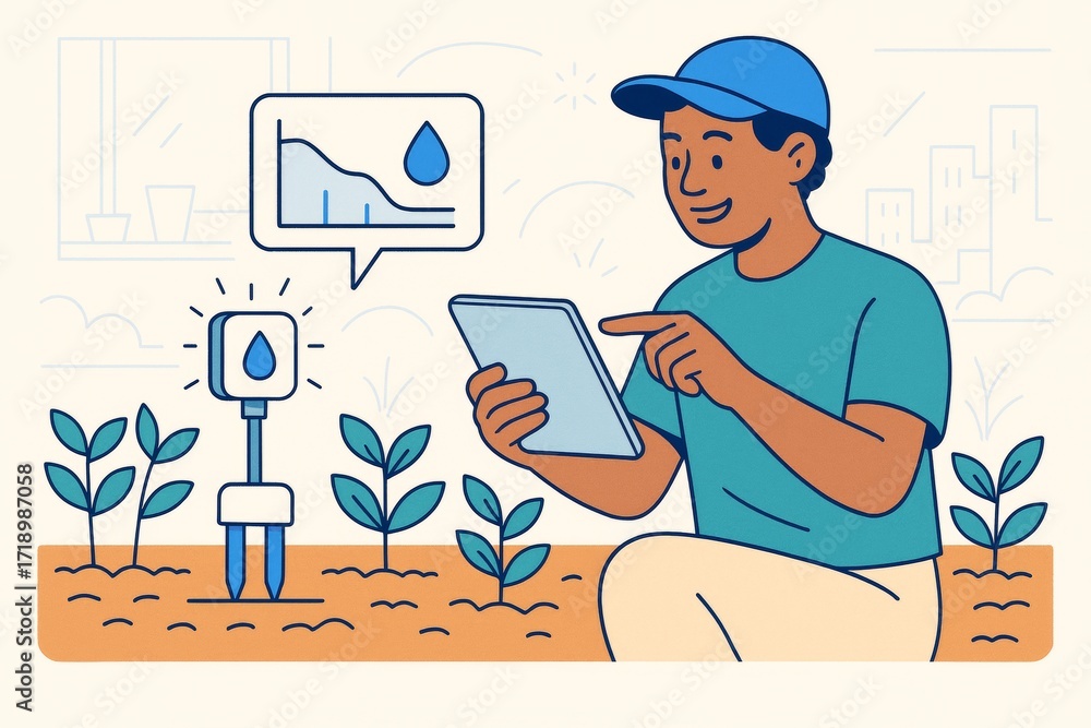Poster smart farming technology with man using tablet and soil moisture sensor in crop field on light backg