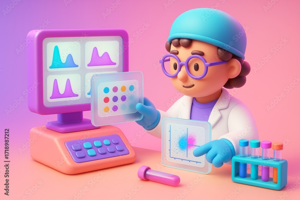Poster cartoon scientist analyzing colorful charts and test tubes in a light laboratory environment on a vi