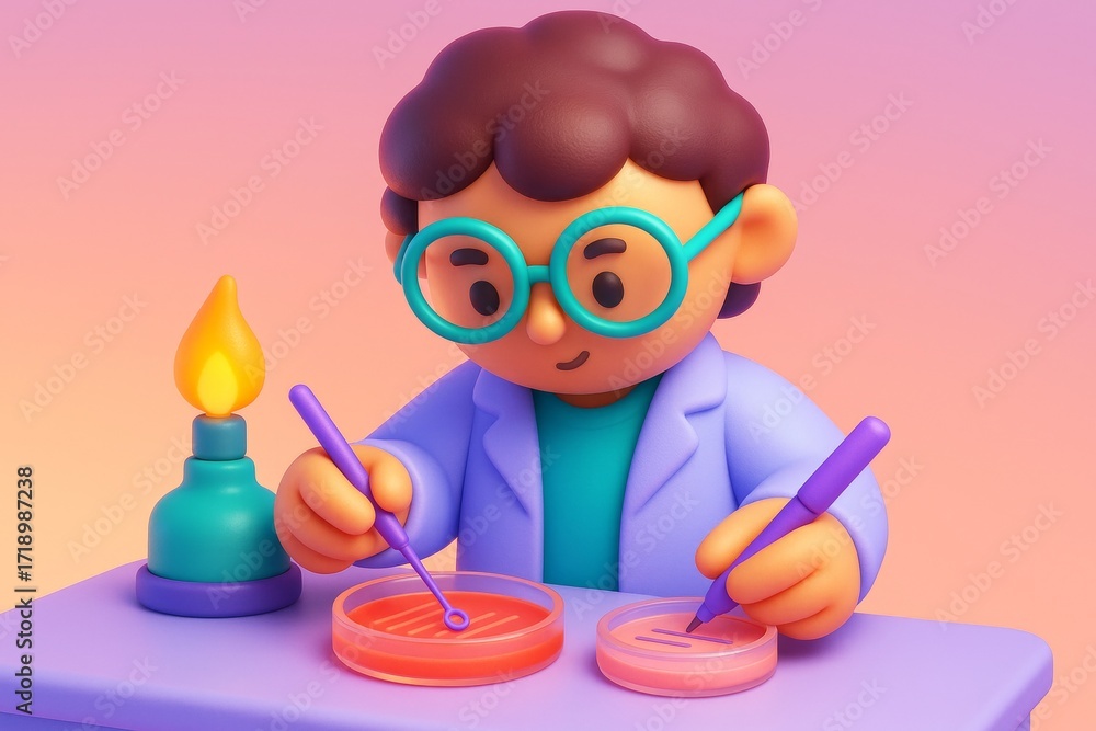 Poster cute cartoon scientist working with petri dishes in a colorful lab environment with creative lightin