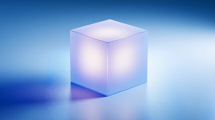 Glowing translucent cube on a reflective surface with a gradient blue background. Soft internal light and sharp edges create a futuristic, serene visual ideal for tech branding or digital ads.
