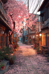 Japanese style streets with blossom cherry petals glowing